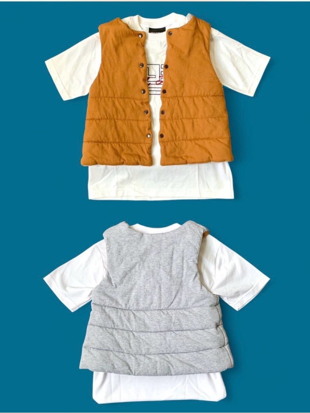 reversible puffy puffer padded vest grey gray orange brown snap front